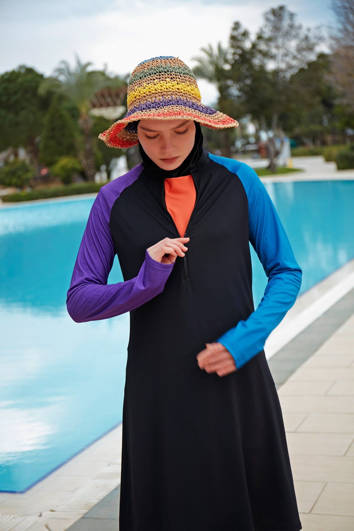 Stretchy Black Full-Coverage Modest Swimsuit M2475