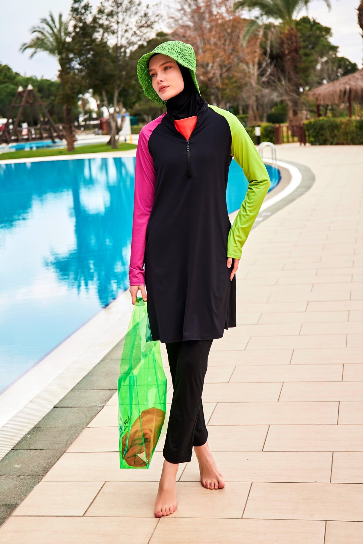 Stretchy Black Full-Coverage Modest Swimsuit M2476