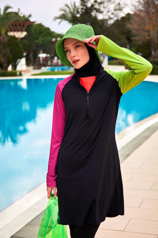 Stretchy Black Full-Coverage Modest Swimsuit M2476