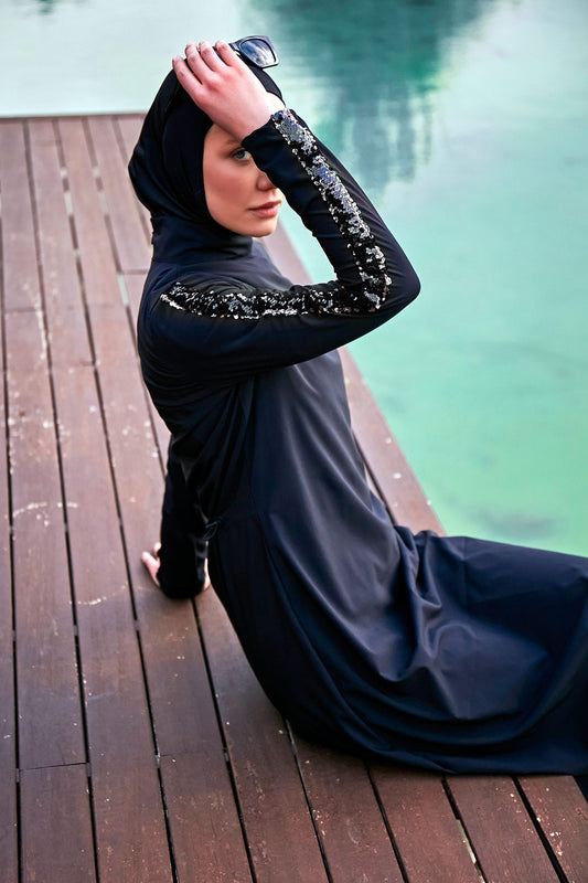 Woven Black Burkini Modest Swimwear M2417