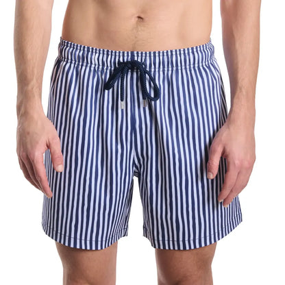 Marina Pinstripe, Indigo and Surf Hybrid Short, Compression Lined Swim and Resort Trunk