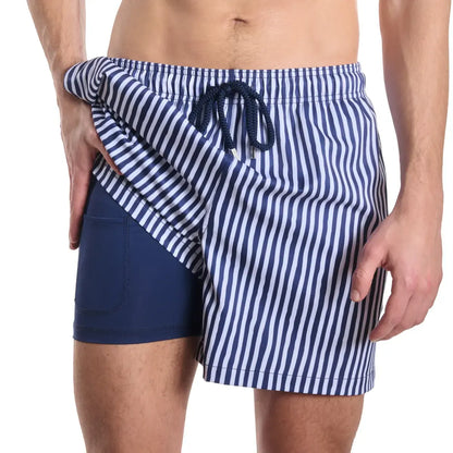 Marina Pinstripe, Indigo and Surf Hybrid Short, Compression Lined Swim and Resort Trunk