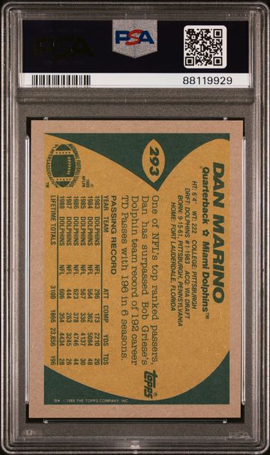 Graded 1989 Topps Dan Marino #293 Football Card PSA 10 Gem Mint