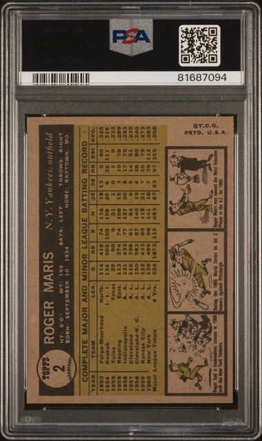 Graded 1961 Topps Roger Maris #2 Baseball Card PSA 5 Excellent