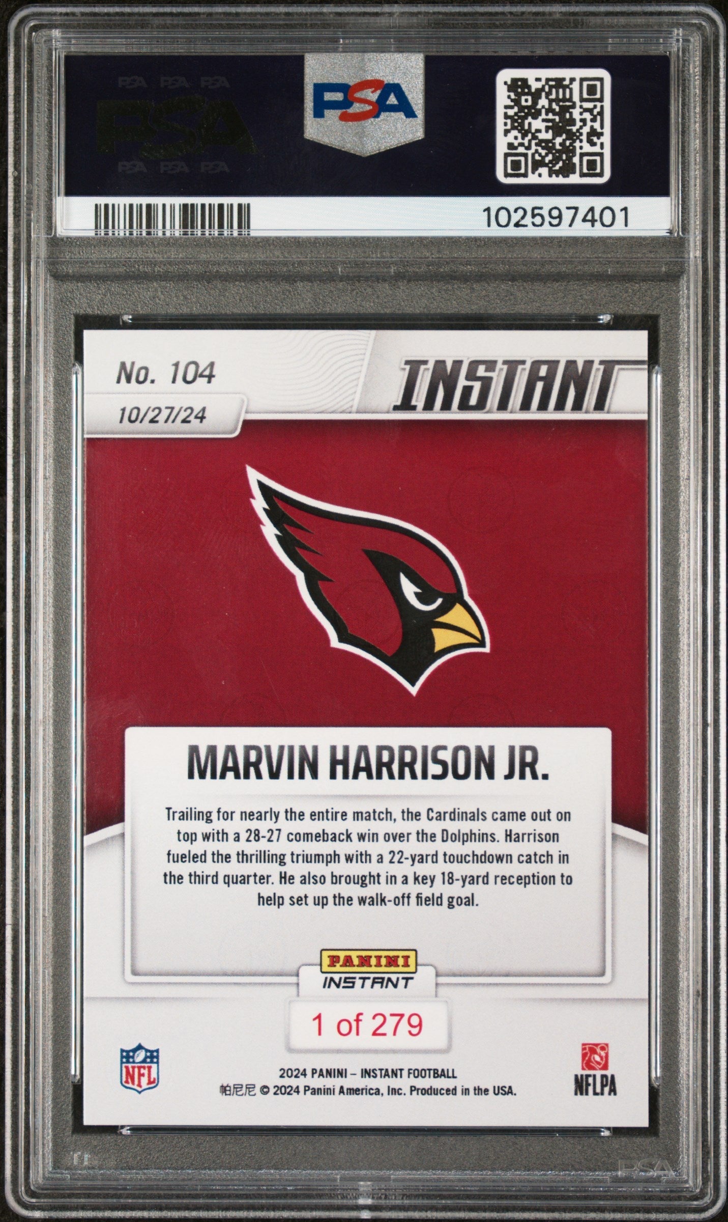 Graded 2024 Panini Instant NFL Marvin Harrison Jr #104 Rookie RC Football Card PSA 10 Gem Mint