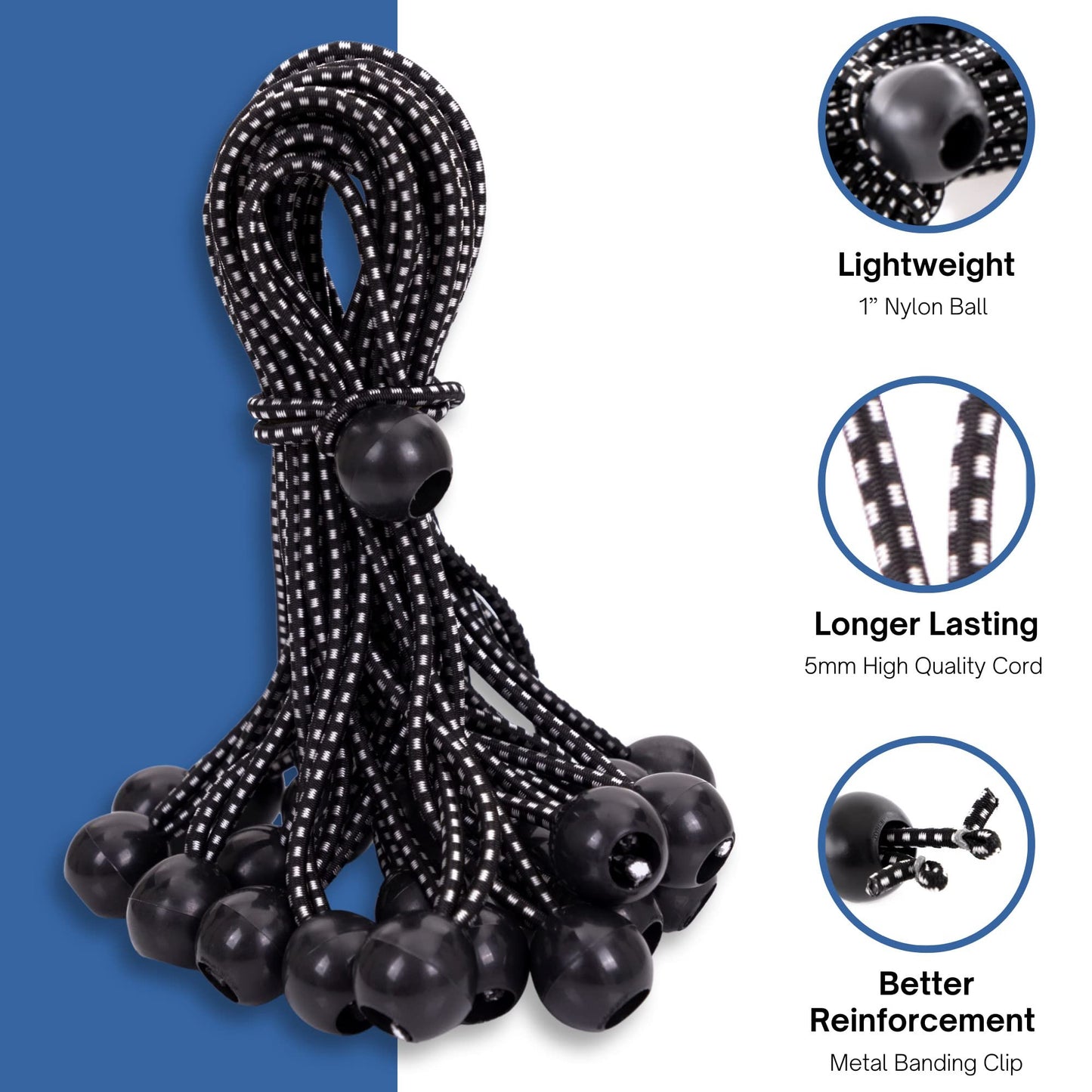 Kotap BB-9B Ball Bungee Cord, Heavy-Duty & Versatile, Indoor & Outdoor, Tarp Tie-Down, Organize & Secure, 9 Inch, Black, 25 Pack