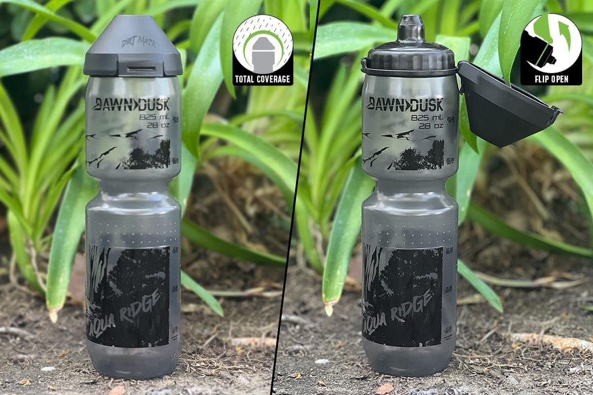 DAWN TO DUSK Aqua Ridge 825 mL (28 oz) with Dirt Mask Cover Cycling Water Bottle– large size for long rides – Securely fits most bikes.