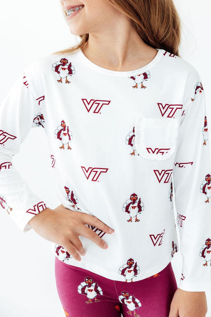 Virginia Tech White Hokie L/S Ruffle Pocket Tee