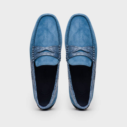 31-160-DNM MONZA Sueded Calfskin with Crocodile Driver Denim