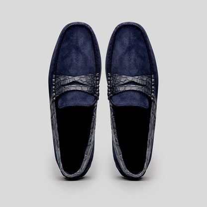 31-160-NVY MONZA Sueded Calfskin with Crocodile Driver, Navy