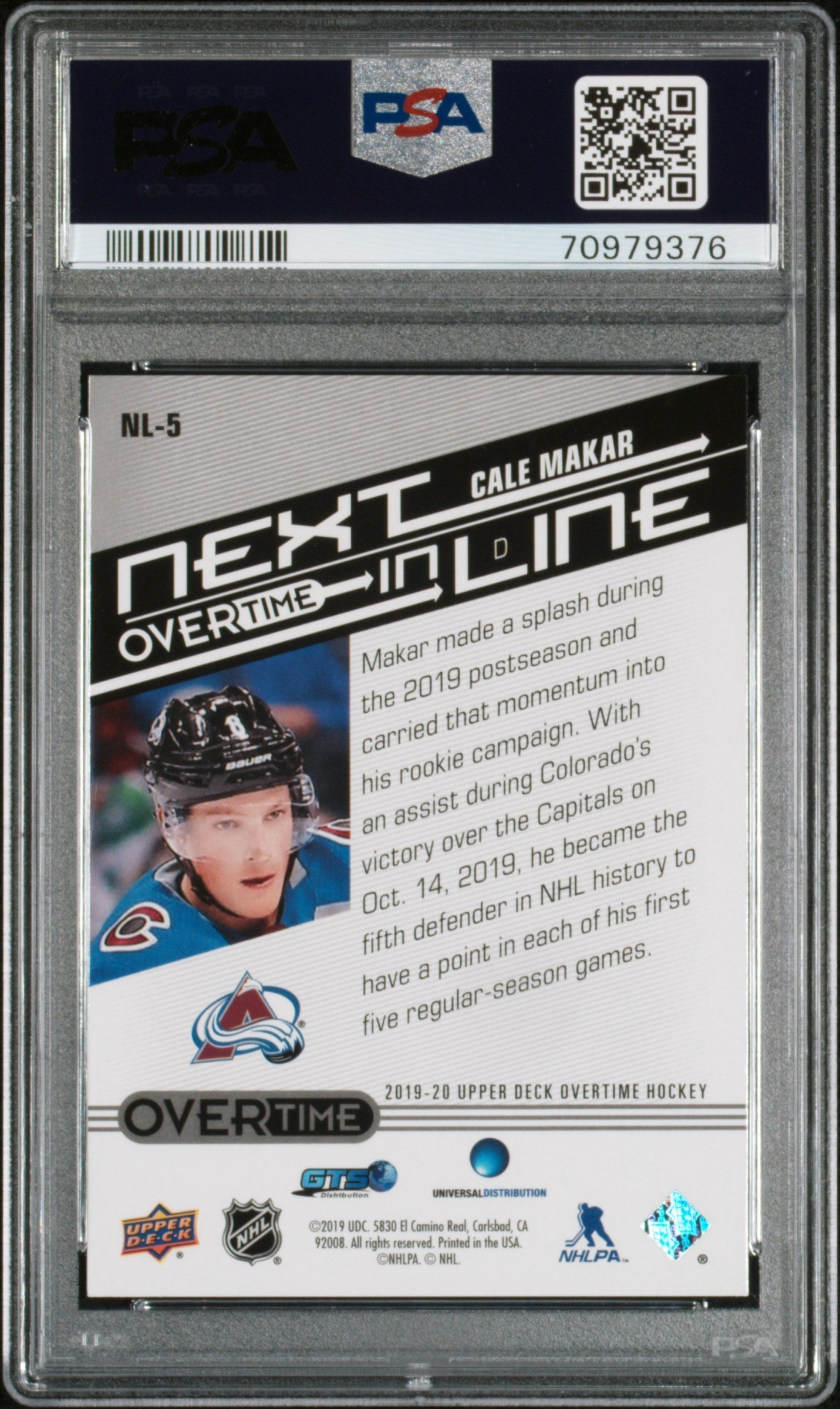 Graded 2019 Upper Deck Overtime Cale Makar #NL5 Next In Line Rookie RC Hockey Card PSA 10 Gem Mint