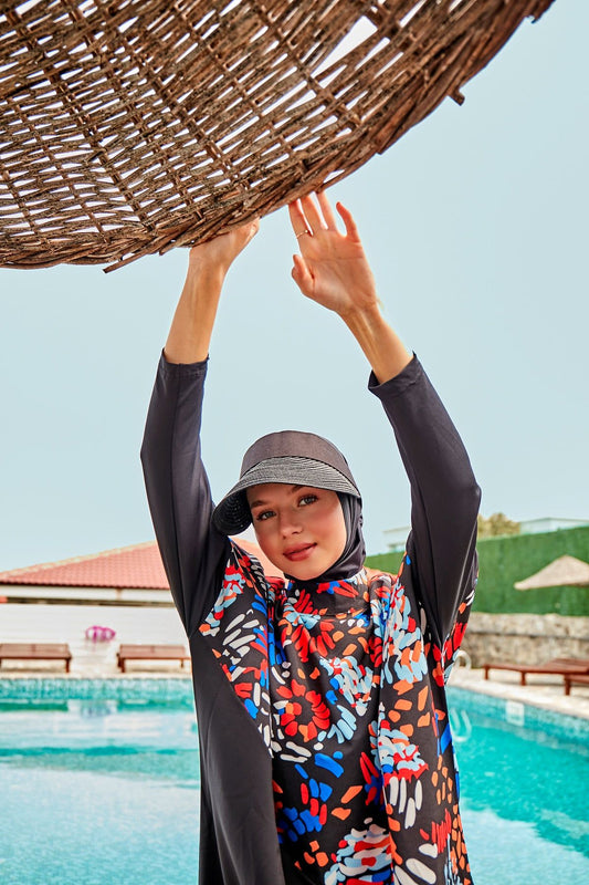 Woven Black Burkini Modest Swimwear M2313