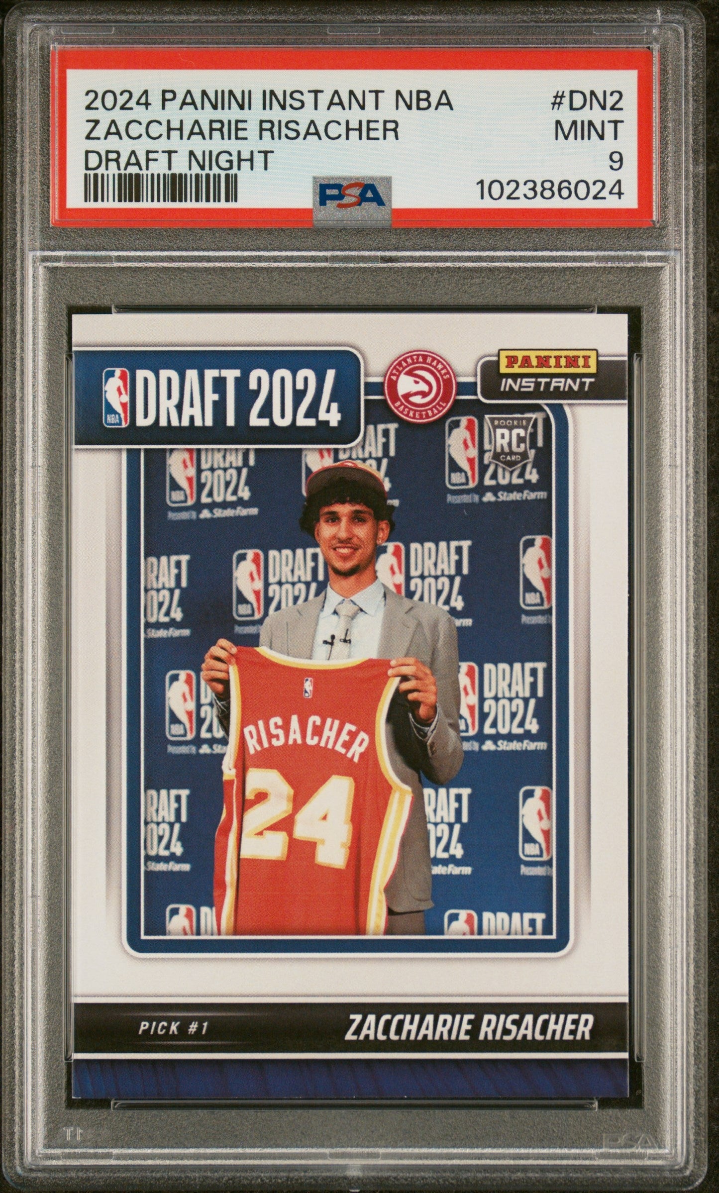 Graded 2024 Panini Instant NBA Zaccharie Risacher #DN2 Draft Night Rookie RC Basketball Card PSA 9 Mint