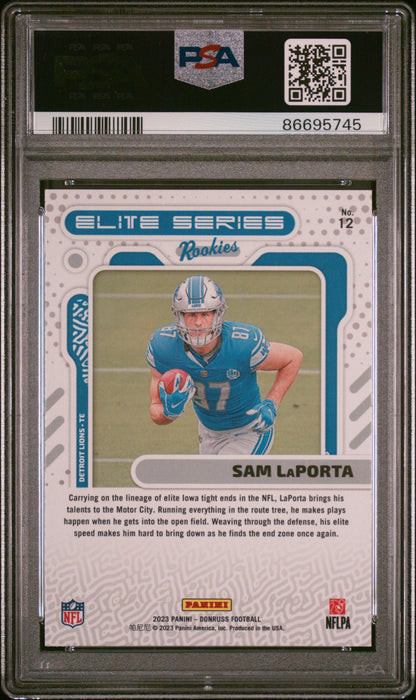 Graded 2023 Panini Donruss Sam LaPorta #12 Elite Series Rookies RC Football Card PSA 10 Gem Mint