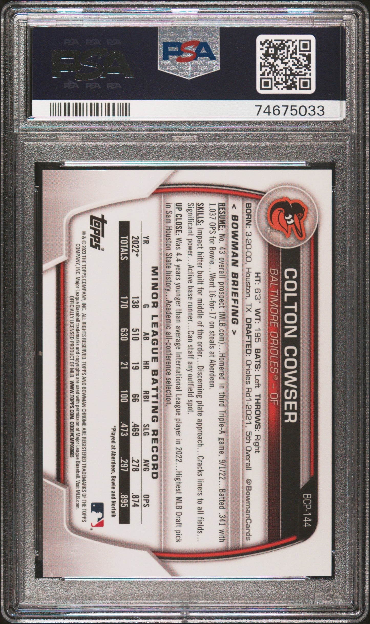 Graded 2023 Topps Bowman Colton Cowser #BCP144 Chrome Prospects Green Grass Refractor #/99 Rookie RC Baseball Card PSA 10 Gem Mint