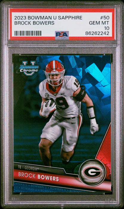 Graded 2023 Bowman U Sapphire Brock Bowers #50 Rookie RC Football Card PSA 10 Gem Mint