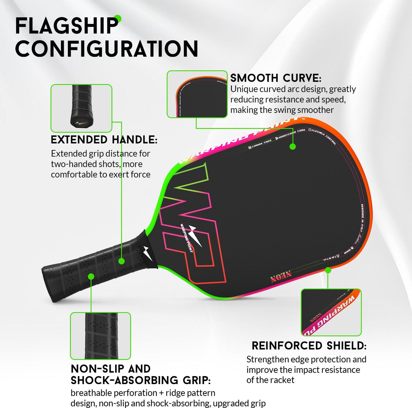 Strong, Stylish & Durable Neon Pickleball Paddle 16mm Core in Green, Pink & Orange