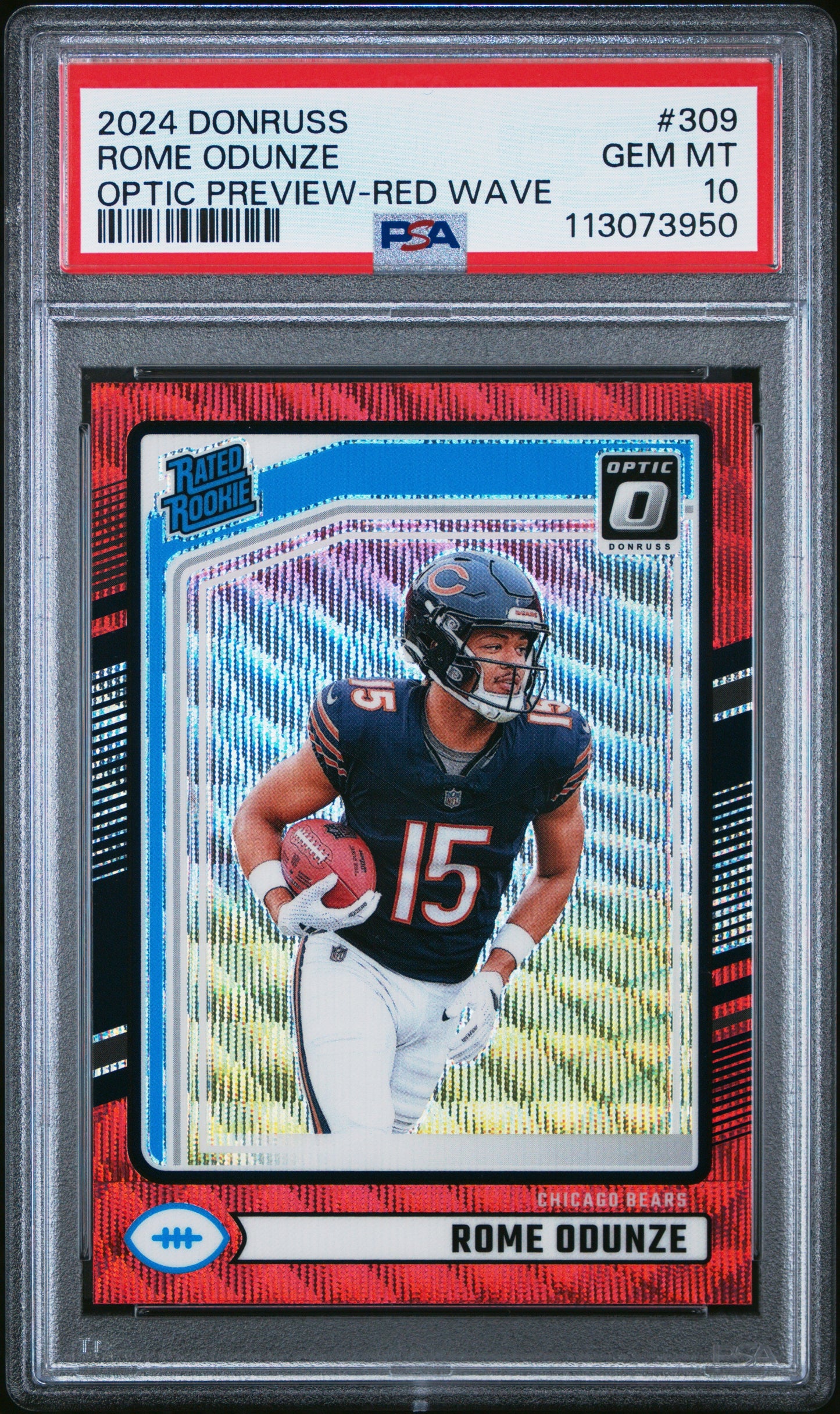 Graded 2024 Panini Donruss Rome Odunze #309 Optic Preview Red Wave Rookie RC Football Card PSA 10 Gem Mint