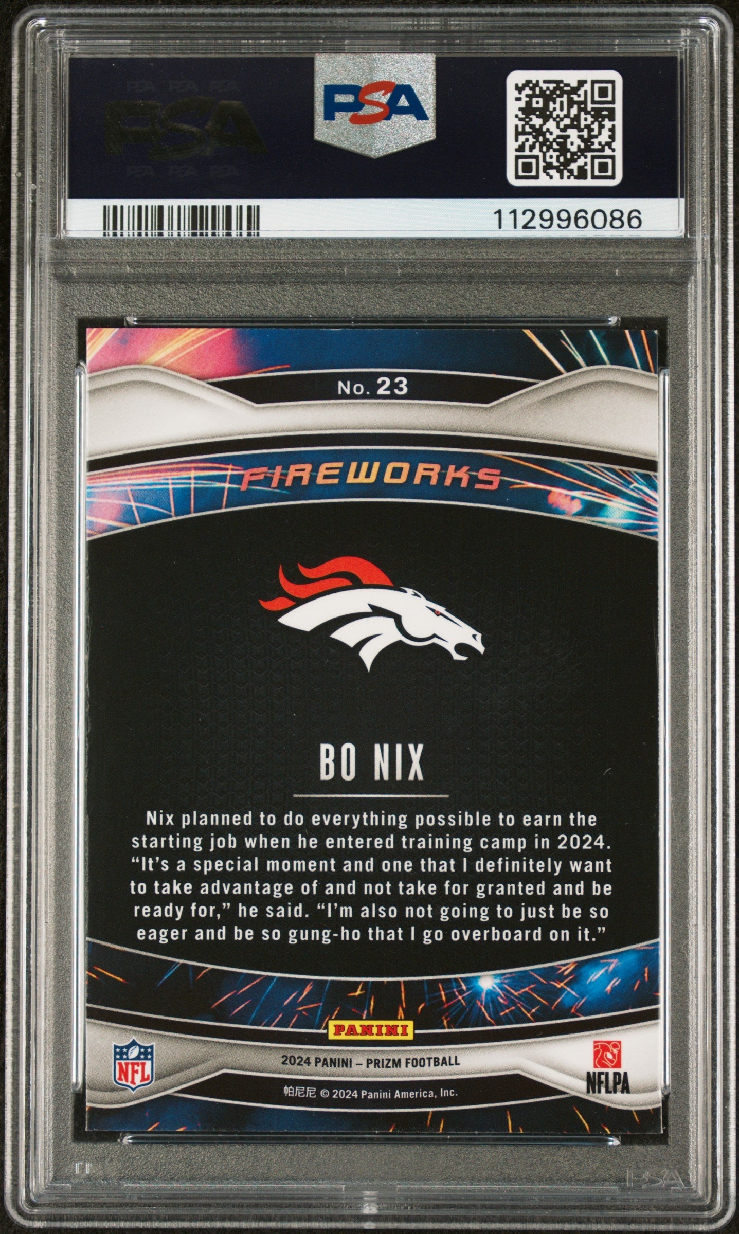 Graded 2024 Panini Prizm Bo Nix #23 Fireworks Rookie RC Football Card PSA 10 Gem Mint