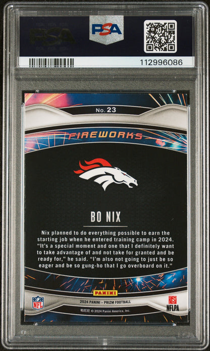 Graded 2024 Panini Prizm Bo Nix #23 Fireworks Rookie RC Football Card PSA 10 Gem Mint