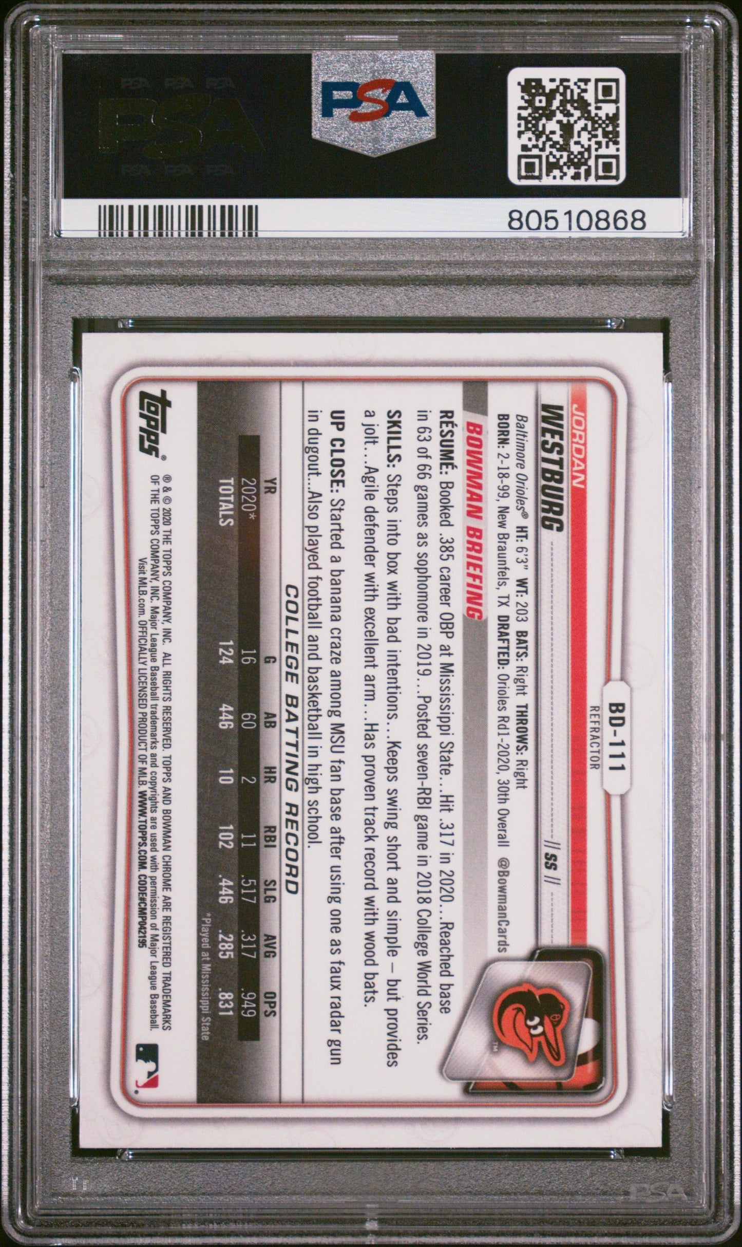 Graded 2020 Topps Bowman Draft Jordan Westburg #BD111 Chrome Refractor Rookie RC Baseball Card PSA 10 Gem Mint