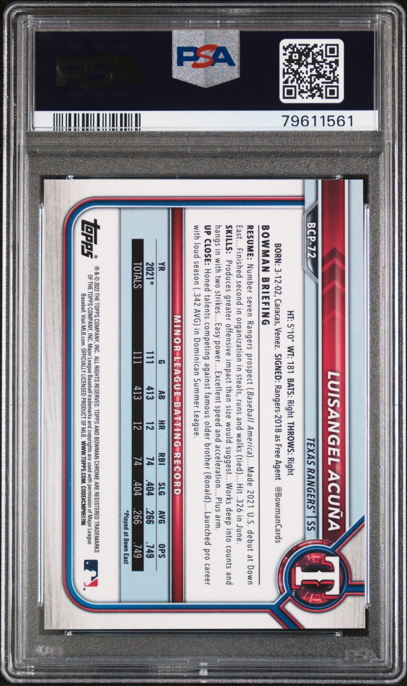Graded 2022 Topps Bowman Luisangel Acuna #BCP72 Chrome Prospects Aqua Shimmer Refractor #/125 Rookie RC Baseball Card PSA 10 Gem Mint