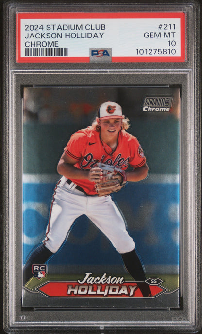 Graded 2024 Topps Stadium Club Jackson Holliday #211 Chrome Rookie RC Baseball Card PSA 10 Gem Mint