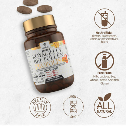Bee and You Royal Jelly Tablet, Propolis Extract, Bee Pollen, 100% Natural  60ct EXP 12/2026