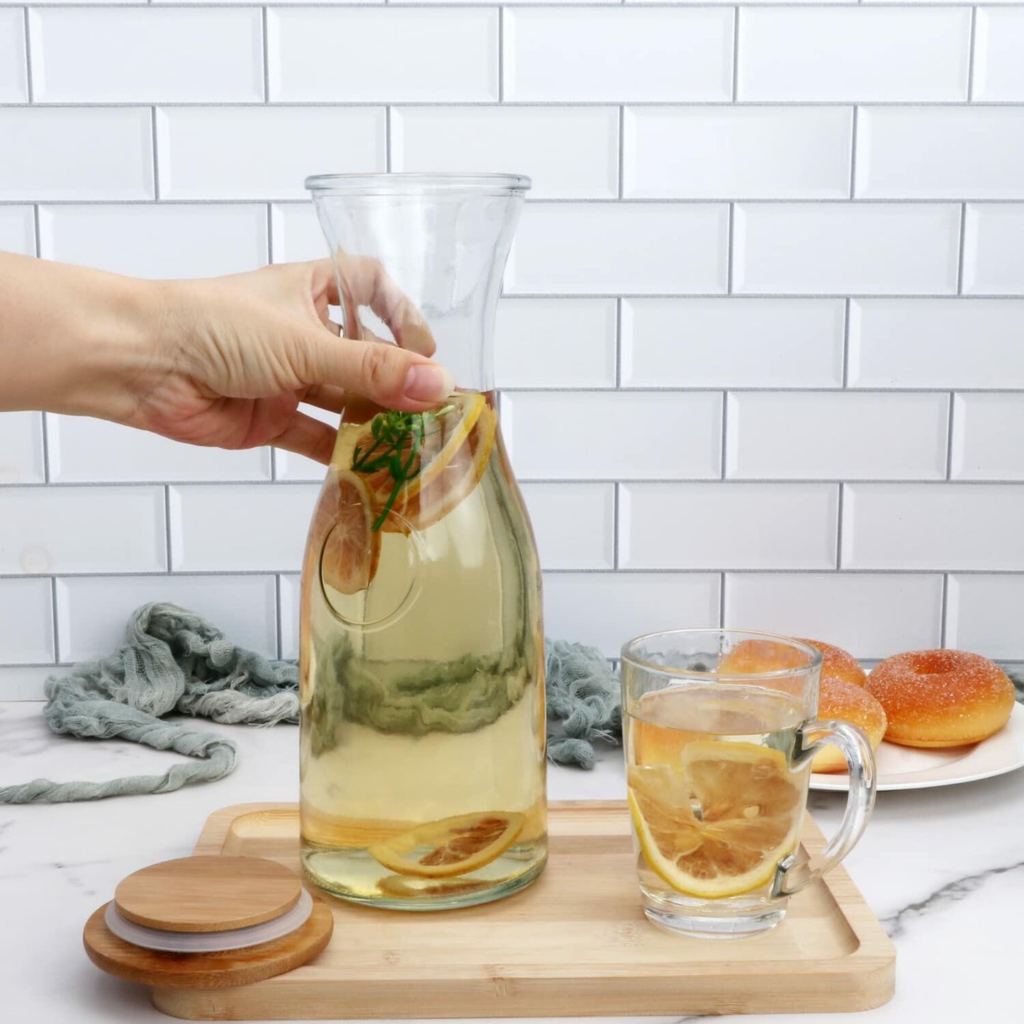 35oz Glass Carafe,Glass Pitcther with Wooden Caps for Wine,Fruit Tea,Drinks 6pcs
