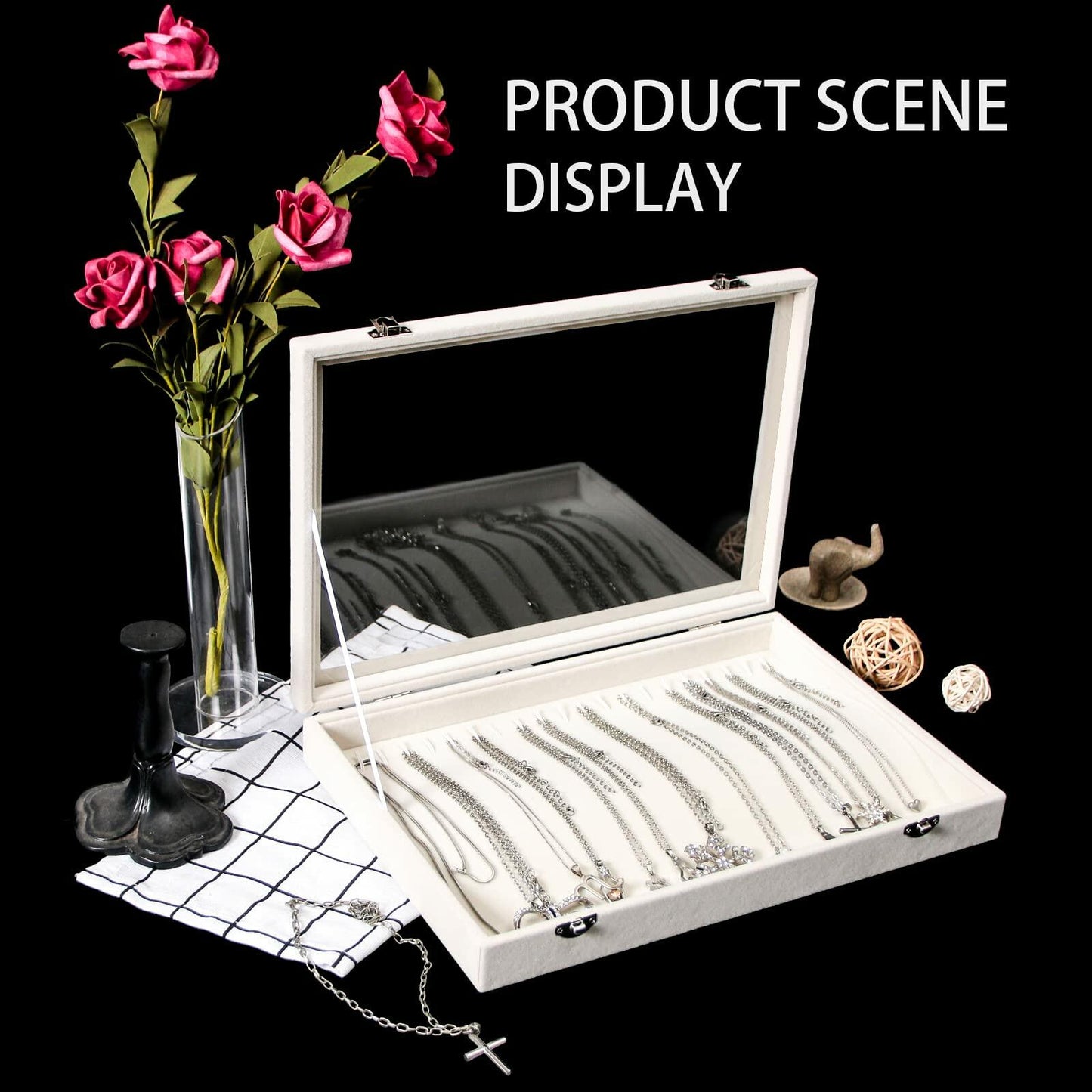 20 Hooks Necklace Organizer Holder Display Case Box, Jewelry Storage - Beige