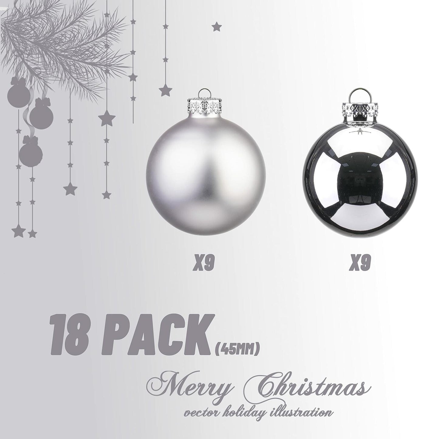 18PCS 1.8inch(45mm) Glass Christmas Ball Ornaments , Decorations, (Silver)