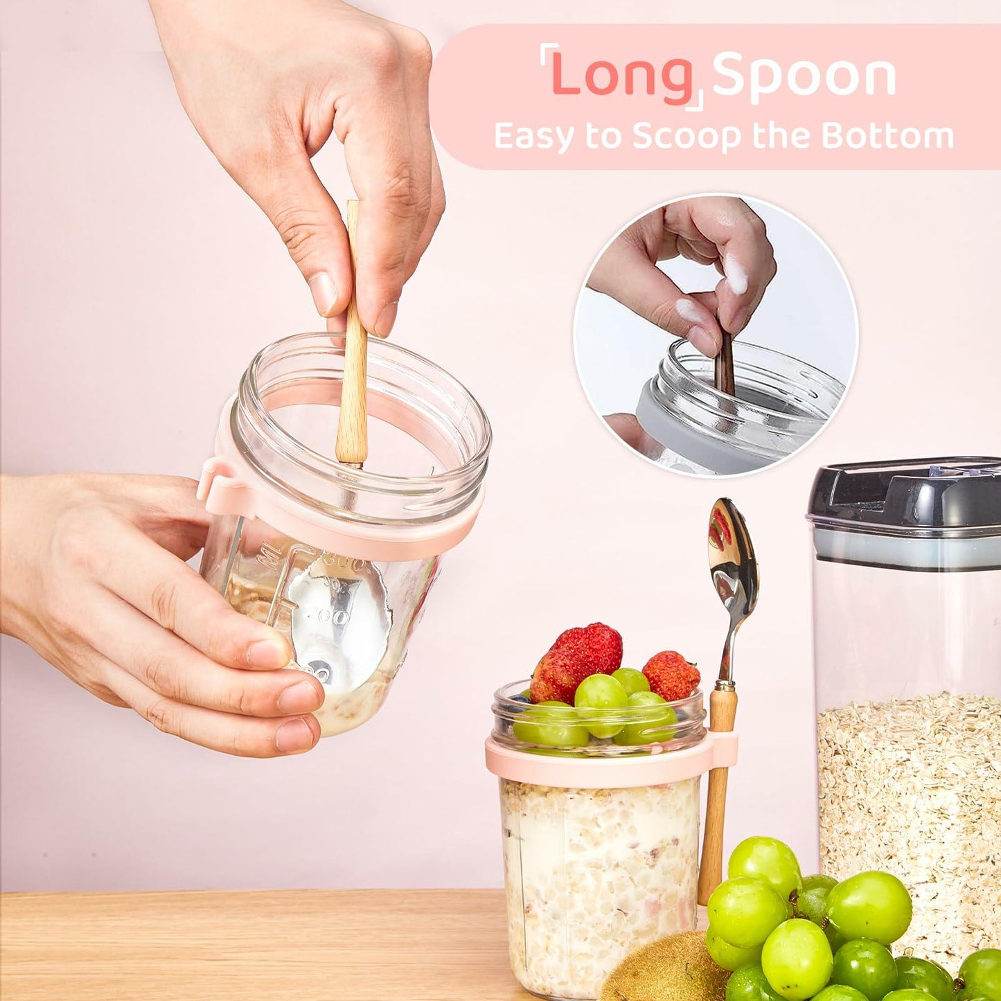2 Pack Overnight Oats Containers with Lids and Spoons, 16oz Glass Mason Jars