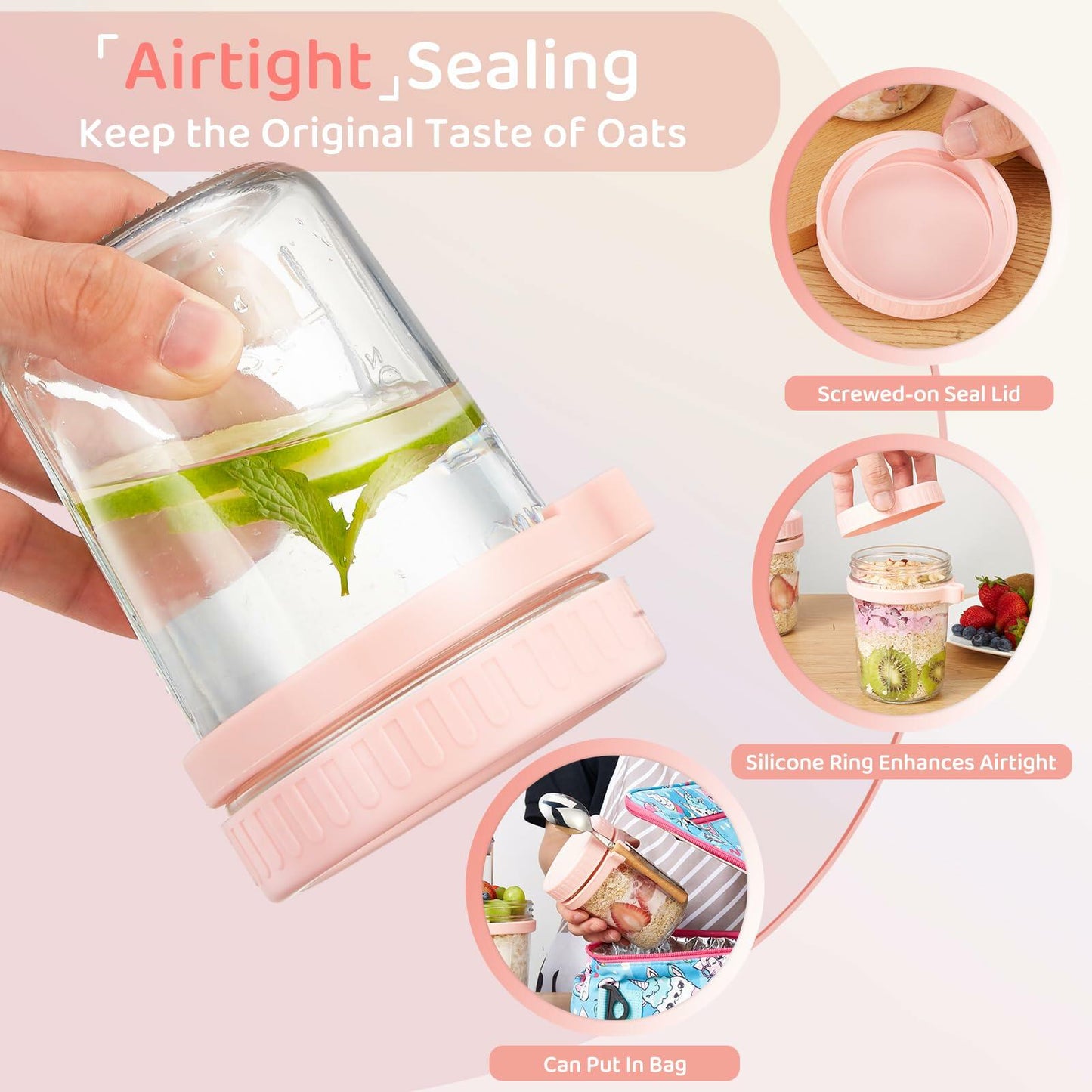 2 Pack Overnight Oats Containers with Lids and Spoons, 16oz Glass Mason Jars