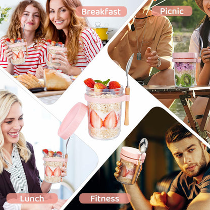 2 Pack Overnight Oats Containers with Lids and Spoons, 16oz Glass Mason Jars