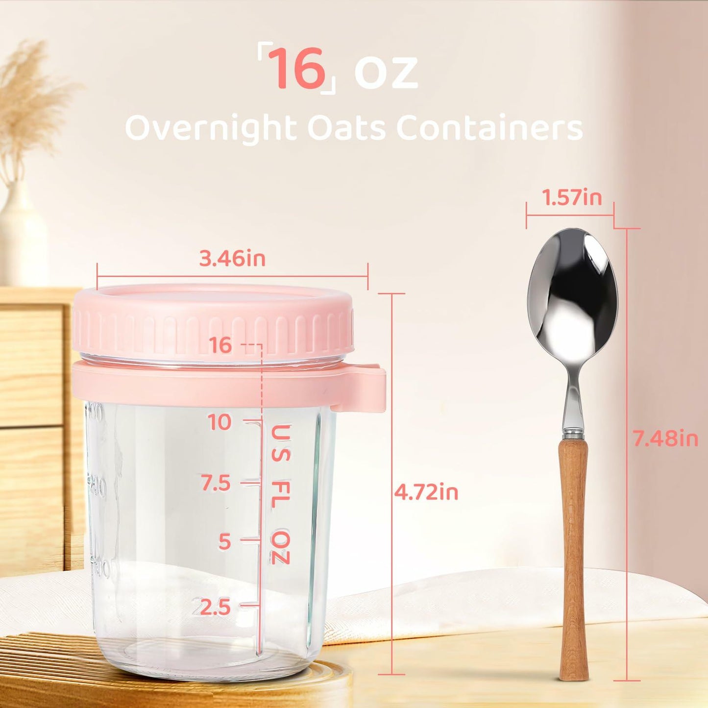 2 Pack Overnight Oats Containers with Lids and Spoons, 16oz Glass Mason Jars