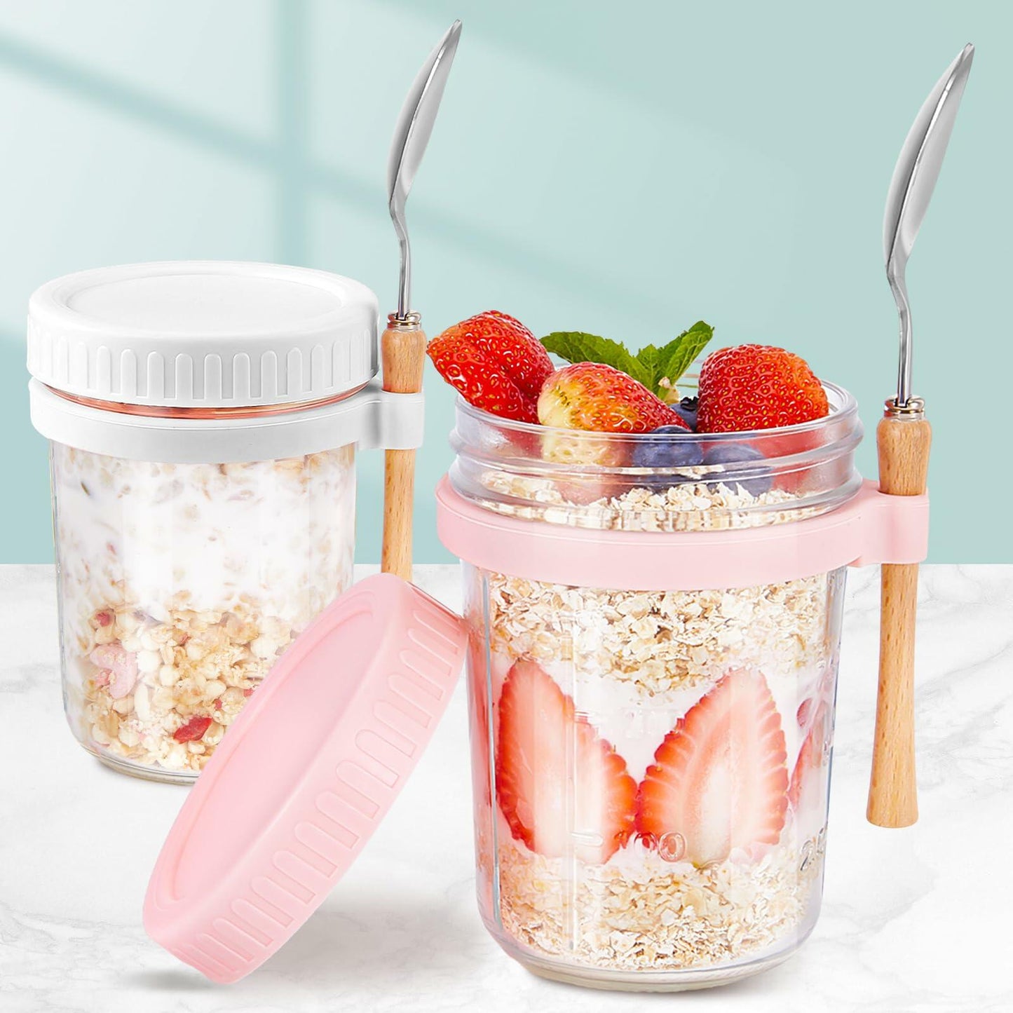 2 Pack Overnight Oats Containers with Lids and Spoons, 16oz Glass Mason Jars