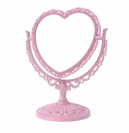 1 Pack Simple and Lovely Heart-Shaped Cosmetic Mirror Plastic Double-Sided Pink