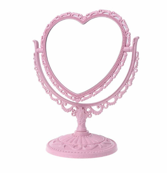1 Pack Simple and Lovely Heart-Shaped Cosmetic Mirror Plastic Double-Sided Pink