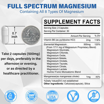 Magnesium Complex Supplement 8 Forms, 500mg Pack of 2, Total 120 Vegan Capsules