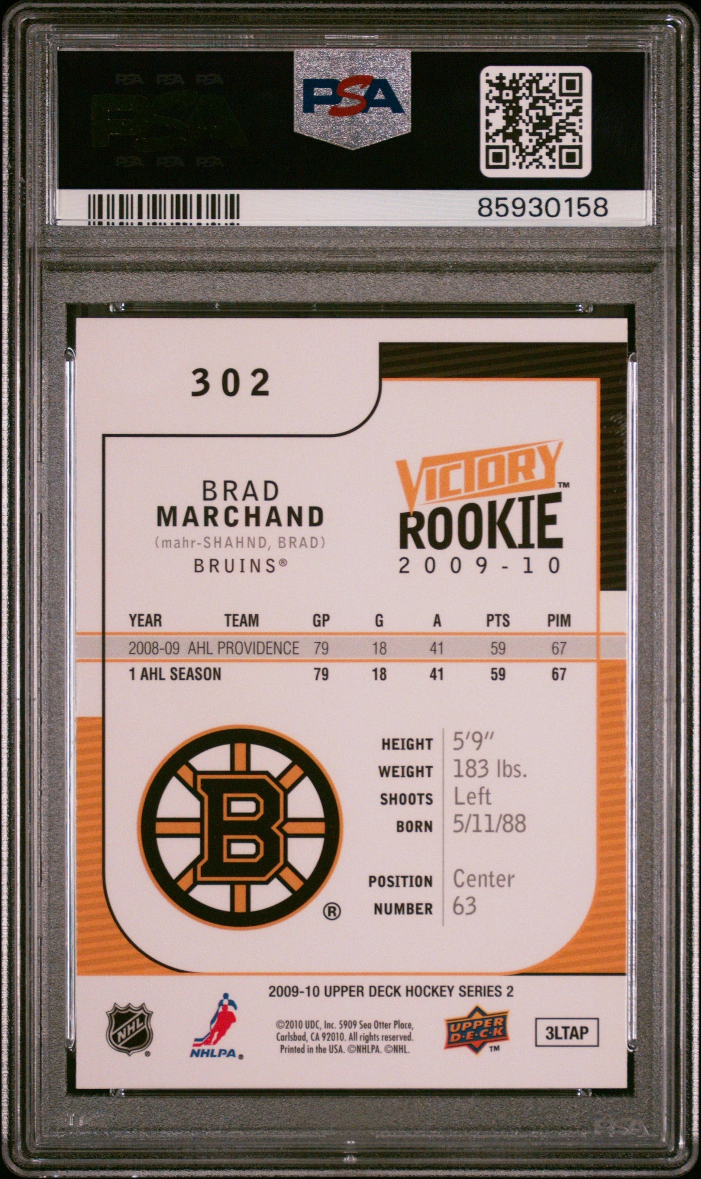 Graded 2009 Upper Deck Victory Brad Marchand #302 Rookie RC Hockey Card PSA 10 Gem Mint