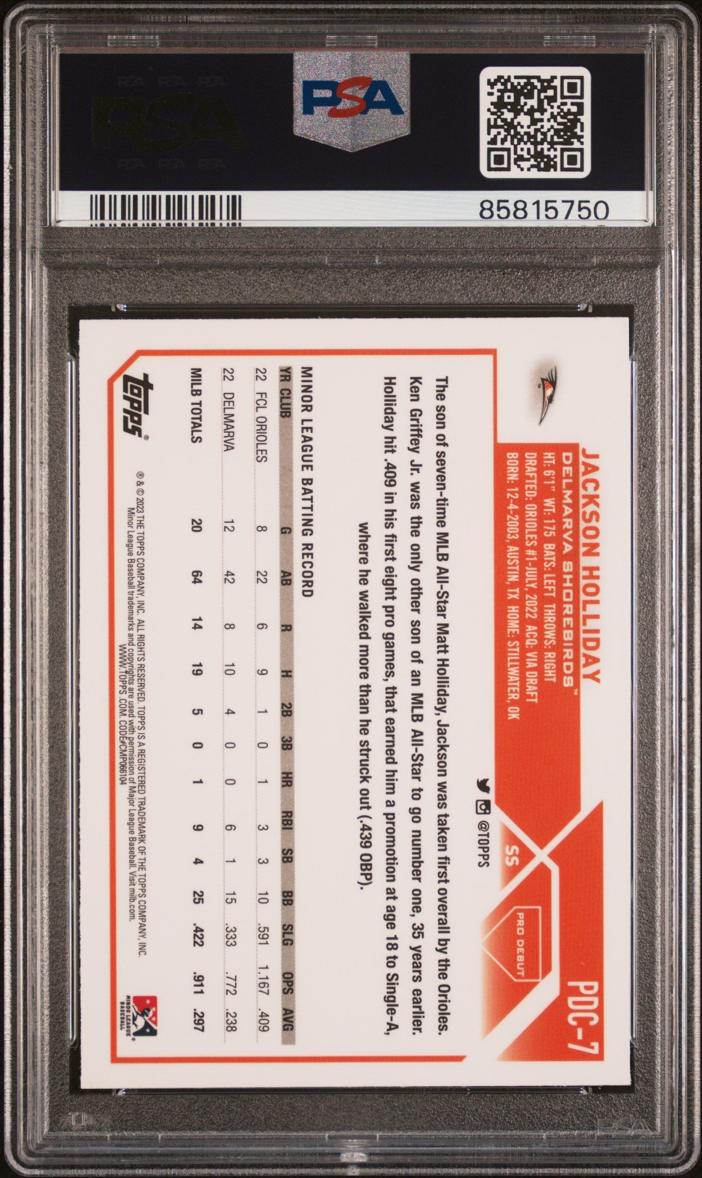 Graded 2023 Topps Pro Debut Jackson Holliday #PDC7 Chrome Rookie RC Baseball Card PSA 10 Gem Mint