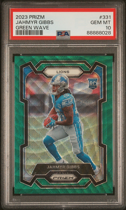 Graded 2023 Panini Prizm Jahmyr Gibbs #331 Green Wave Rookie RC Football Card PSA 10 Gem Mint
