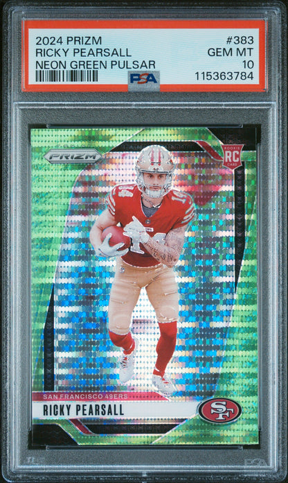 Graded 2024 Panini Prizm Ricky Pearsall #383 Neon Green Pulsar Rookie RC Football Card PSA 10 Gem Mint