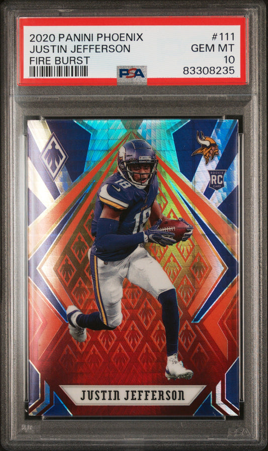 Graded 2020 Panini Phoenix Justin Jefferson #111 Fire Burst Rookie RC Football Card PSA 10 Gem Mint