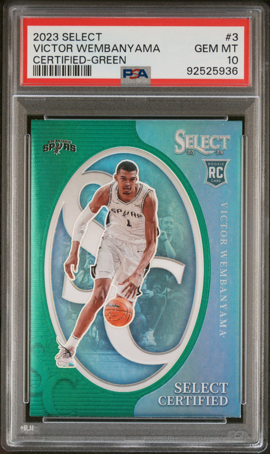 Graded 2023 Panini Select Victor Wembanyama #3 Certified Green Rookie RC Basketball Card PSA 10 Gem Mint