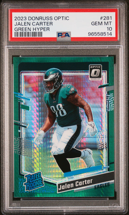 Graded 2023 Panini Donruss Optic Jalen Carter #281 Green Hyper Rookie RC Football Card PSA 10