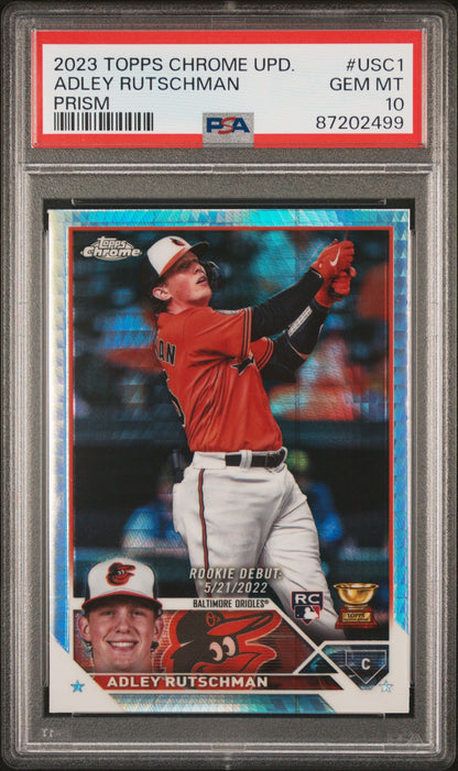 Graded 2023 Topps Chrome Update Adley Rutschman #USC1 Prism Rookie RC Baseball Card PSA 10 Gem Mint