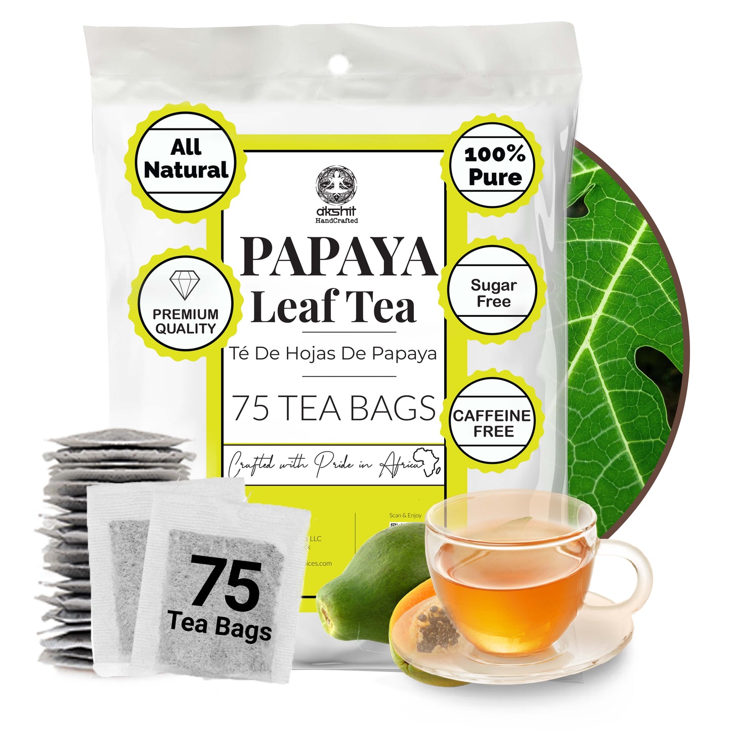 Papaya Leaf Tea Bags 75 Count – Caffeine-Free Herbal Tea for Immunity & Digestion