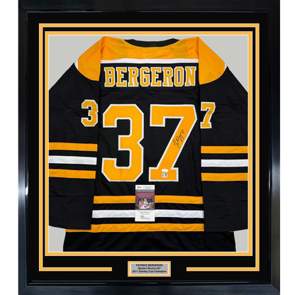 Framed Autographed/Signed Patrice Bergeron 35x39 Boston Black Hockey Jersey JSA COA