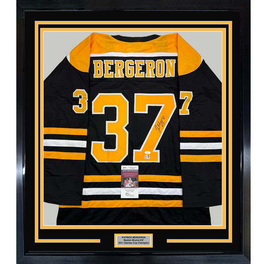 Framed Autographed/Signed Patrice Bergeron 35x39 Boston Black Hockey Jersey JSA COA